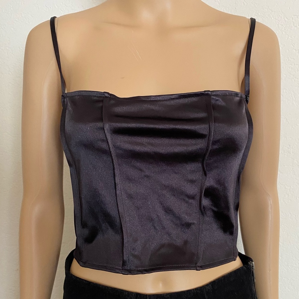 DIVIDED Black Satin Crisscross Tie-Up Lace-Up Strappy Corset Crop Top Size XL